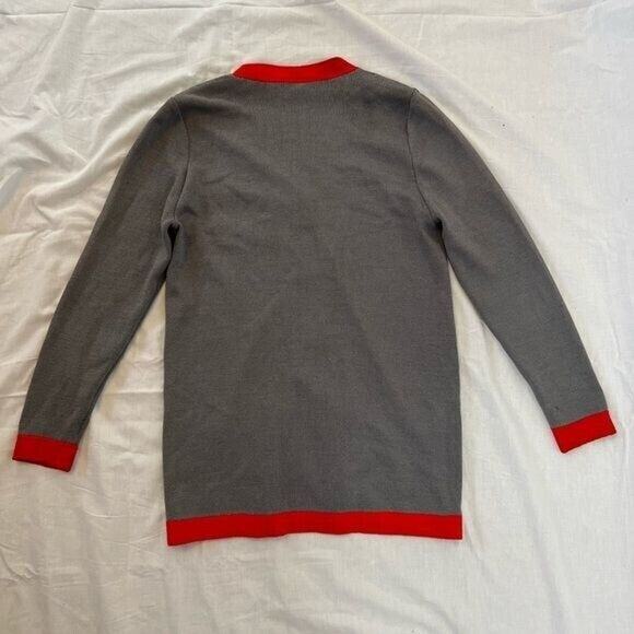 Womens St. John Cardigan Sweater Sz 10 Button-Down Gray/Red color block piping - Picture 3 of 5